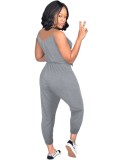 Summer Women Casual Gray U-neck Tied Bow Straps Jumpsuit