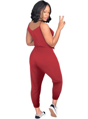 Summer Women Casual Red U-neck Tied Bow Straps Jumpsuit