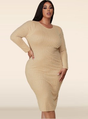 Spring Women Plus Size Beige Beaded Long Sleeve Slim Fit Party Dress