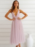 Summer Women Sexy Pink Deep V-neck Straps Backless A-line Mesh Party Dress