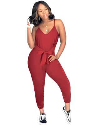 Summer Women Casual Red U-neck Tied Bow Straps Jumpsuit