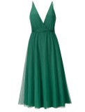 Summer Women Sexy Green Deep V-neck Straps Backless A-line Mesh Party Dress