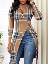 Spring Women Elegant Plaid Printed Zipper Up Full Sleeve Slit Long Blouse