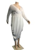 Summer Women Plus Size White V-neck Long SLeeve Ruched Irregular Party Dress