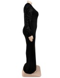 Spring Women Plus Size ELegant Black Sequins Puff Sleeve O-neck Slim Evening Dress