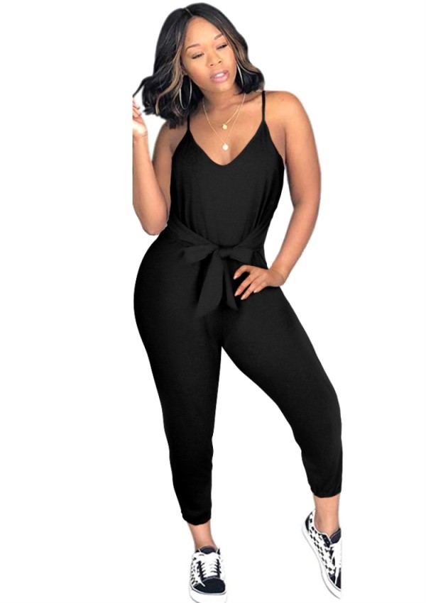 Summer Women Casual Black U-neck Tied Bow Straps Jumpsuit