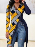 Spring Women Elegant Stripes Printed Zipper Up Full Sleeve Slit Long Blouse