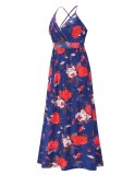 Summer Women Blue Floral Backless Straps Beach Maxi Casual Dress