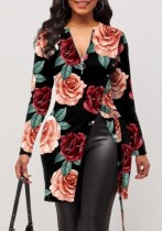 Spring Women Elegant Floral Printed Zipper Up Full Sleeve Slit Long Blouse