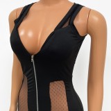 Summer Women Sexy Black See Through V-neck Zipper Up Sleeveless Jumpsuit