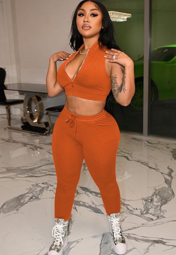 Summer Casual Orange Solid Zipper Vest And Pant Wholesale Women'S Two Piece Sets