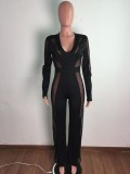 Spring Sexy Black With Mesh See Through V Neck Long Sleeve Jumpsuit