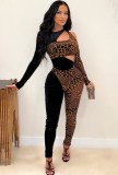 Spring Sexy Black With Leopard Print Cut Out Long Sleeve Jumpsuit