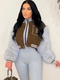 Winter Fashion Brown Letter Fake Fur Long Sleeve Zipper Baseball Jacket