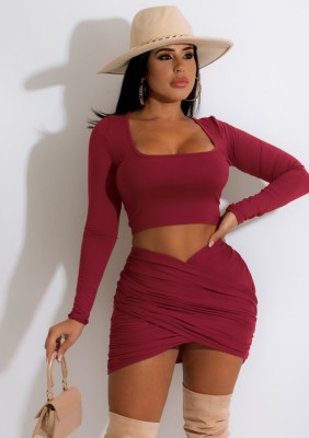 Spring Sexy Red U Neck Long Sleeve Crop Top And Mini Dress Wholesale Two Piece Sets