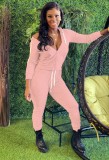 Spring Casual Pink Plain Zipper Hoodies And Pant Cheap Wholesale Two Piece Sets