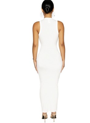 Summer Sexy White Solid Round Neck Sleeveless Long Dress