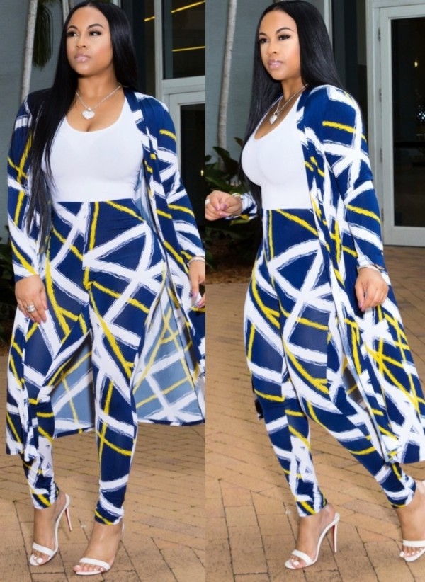 Spring Casual Print Long Sleeve Robe And Pant Wholesale 2 Piece Outfits