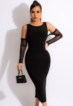Spring Sexy Black Round Neck With Mesh Sleeve Midi Dress