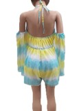 Summer Plus Size Print Straps Cut Out Shoulder Long Sleeve Romper Swimwear