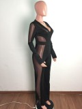 Spring Sexy Black With Mesh See Through V Neck Long Sleeve Jumpsuit