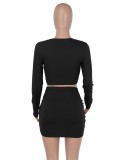 Spring Sexy Black U Neck Long Sleeve Crop Top And Mini Dress Wholesale Two Piece Sets