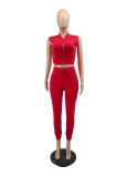 Summer Casual Red Solid Zipper Vest And Pant Wholesale Women'S Two Piece Sets