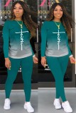Spring Casual Green Letter Print Round Collar Long Sleeve Top And Pant Wholesale Women'S Two Piece Sets