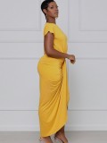 Summer Sexy Yellow Sloping Shoulder Short Sleeve Irregular Long Dress