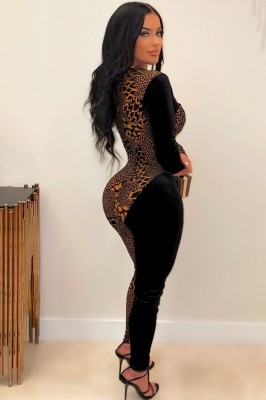 Spring Sexy Black With Leopard Print Cut Out Long Sleeve Jumpsuit