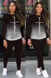 Spring Casual Black Letter Print Round Collar Long Sleeve Top And Pant Wholesale Women'S Two Piece Sets