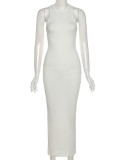 Summer Sexy White Solid Round Neck Sleeveless Long Dress
