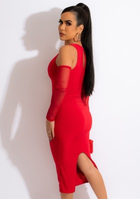 Spring Sexy Red Round Neck With Mesh Sleeve Midi Dress