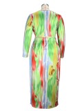 Spring Plus Size Colorful Print Round Neck Long Sleeve Crop Top And Long Skirt Two Piece Set