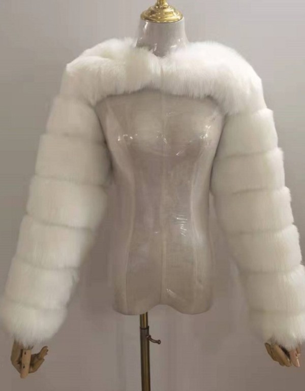 Winter Fashion White Fake Fur Long Sleeve Jacket
