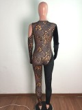 Spring Sexy Black With Leopard Print Cut Out Long Sleeve Jumpsuit