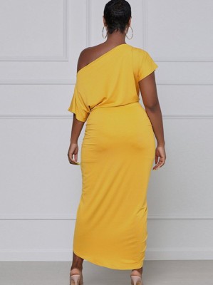 Summer Sexy Yellow Sloping Shoulder Short Sleeve Irregular Long Dress