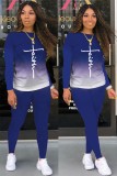 Spring Casual Blue Letter Print Round Collar Long Sleeve Top And Pant Wholesale Women'S Two Piece Sets