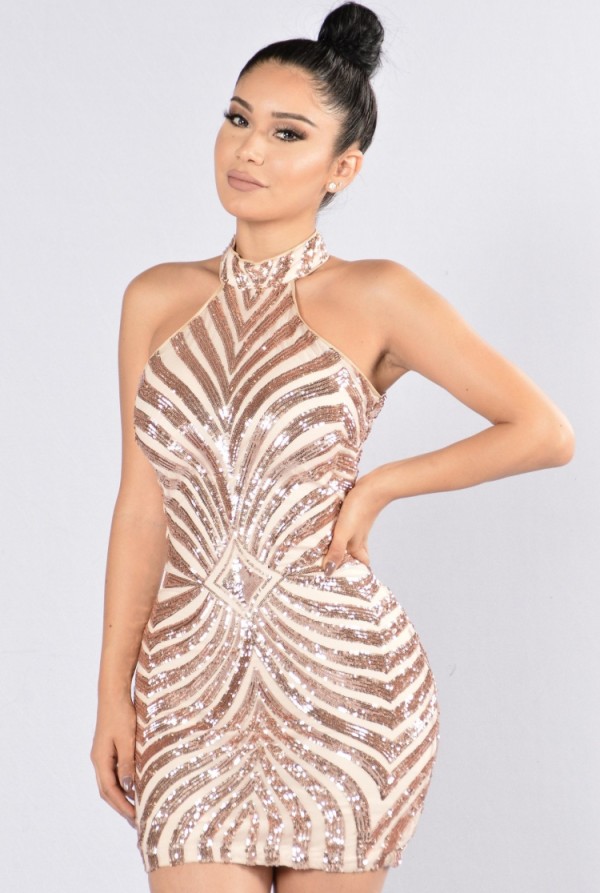 Summer Sexy Beige Sequins Sleeveless Bodycon Party Dress