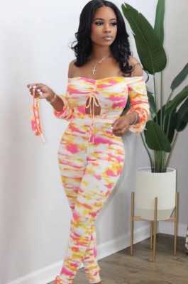 Spring Sexy Print Off Shoulder Hollow Out Long Sleeve Crop Top And Pant Wholesale 2 Piece Outfits