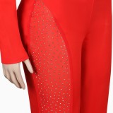 Spring Sexy Red One Sholder Long Sleeve Rhinestone Jumpsuit