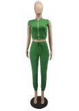Summer Casual Green Solid Zipper Vest And Pant Wholesale Women'S Two Piece Sets