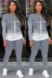 Spring Casual Grey Letter Print Round Collar Long Sleeve Top And Pant Wholesale Women'S Two Piece Sets