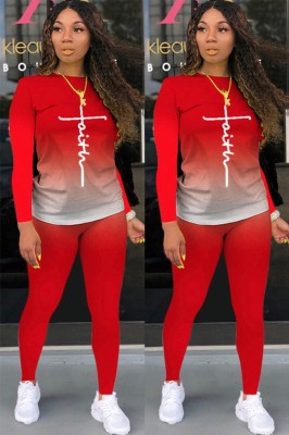 Spring Casual Red Letter Print Round Collar Long Sleeve Top And Pant Wholesale Women'S Two Piece Sets