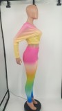 Spring Sexy Tie Dye Print Sloping Shoulder Long Sleeve Crop Top And Pant Wholesale 2 Piece Outfits