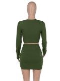 Spring Sexy Green U Neck Long Sleeve Crop Top And Mini Dress Wholesale Two Piece Sets