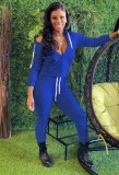 Spring Casual Blue Plain Zipper Hoodies And Pant Cheap Wholesale Two Piece Sets