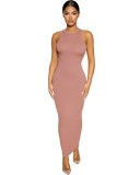 Summer Sexy Pink Solid Round Neck Sleeveless Long Dress