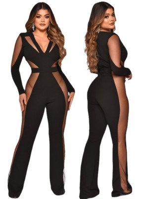 Spring Sexy Black With Mesh See Through V Neck Long Sleeve Jumpsuit