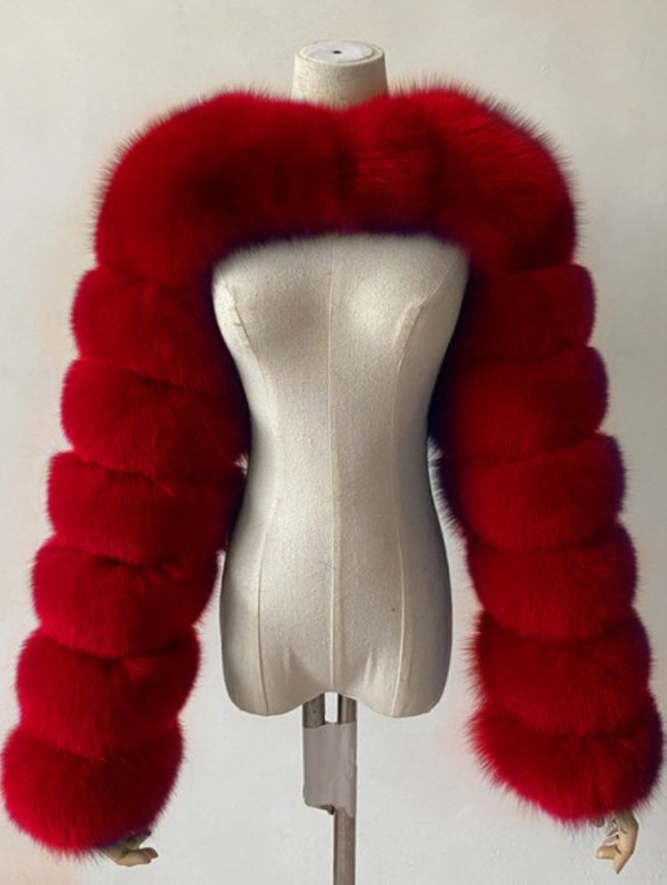 Winter Fashion Red Fake Fur Long Sleeve Jacket